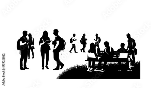 University students on campus silhouette vector illustration black and white academic scene