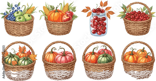 Autumn harvest baskets set with pumpkins fruits and vegetables rustic watercolor style vector illustration collection for seasonal design
