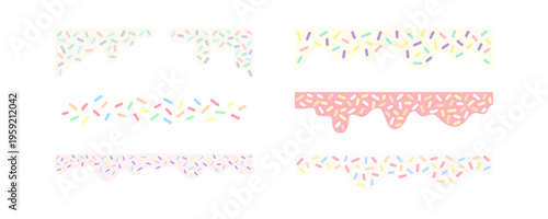 Set of colorful donut glaze borders with pastel sprinkles. Vector melting frosting drips for sweet food design, bakery decor, or party invitation. Easter borders with sprinkles, frame elements.