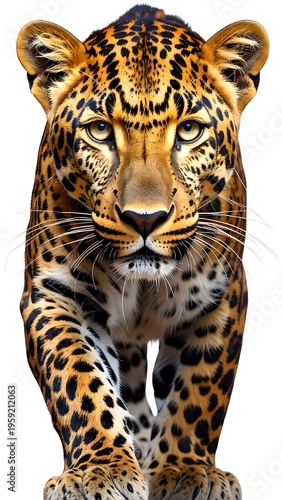 A fierce feline with a spotted coat, walking towards the viewer. It has detailed facial features, and the background is white