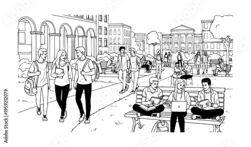 University campus scene with students walking, studying, and socializing black and white vector illustration
