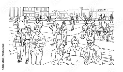Busy university campus with diverse students learning, studying, and socializing black and white vector illustration