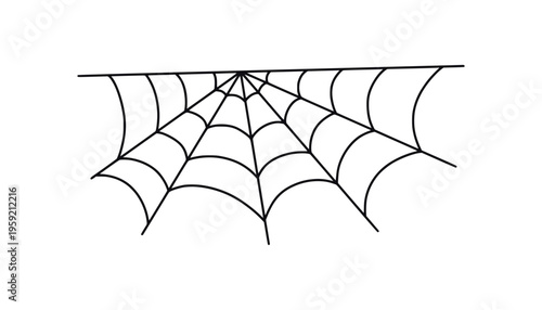 Hand drawn half spider web illustration, isolated on white background. Creepy decoration for Halloween, horror theme or nature design. Isolated black outline.