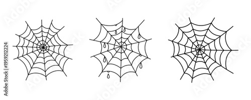 Set of three different hand drawn spider webs with water drops. Cobweb collection for Halloween and spooky autumn design projects. Outline spiderwebs set.