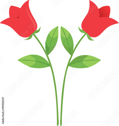 Two vibrant red bellflowers with lush green stems and leaves