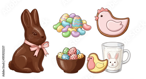 A delightful assortment of pastel-colored easter-themed treats and characters.