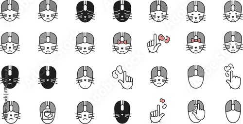 Mouse click icons set with hand gestures and computer mouse buttons, UI interaction symbols flat vector illustration collection