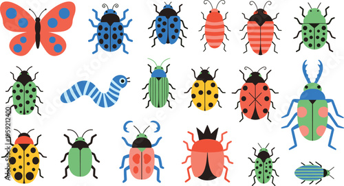 Colorful Insect Collection Vector Set Featuring Beetles, Bugs, Caterpillar and Butterfly in Flat Cartoon Style Isolated on White Background for Kids Design