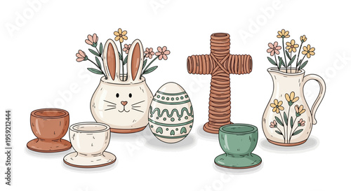 Easter-themed ceramic items with floral arrangements and a cross illustration.