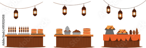 Ramadan iftar food stalls with hanging lanterns traditional sweets dates and festive market tables vector illustration set