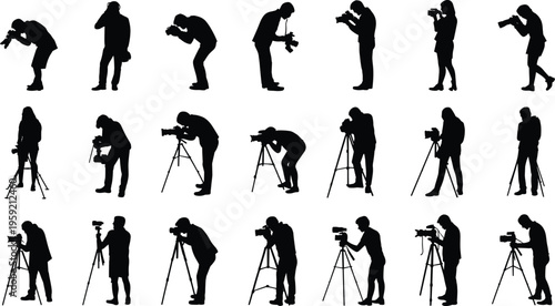 Photographer silhouettes collection with camera and tripod poses, professional photography vector illustration set, creative media people isolated on white background