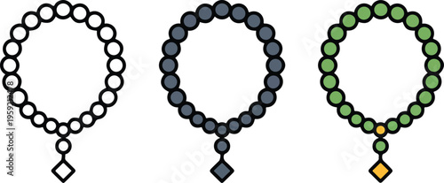 Professional rosary beads icon set featuring spiritual prayer beads and crucifix symbols in minimalist line art and flat styles.