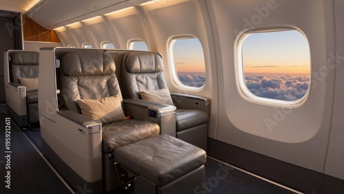 Modern business class seats with plush pillows and footrests, offering a luxurious flying experience. Large windows provide stunning views of clouds during sunset.