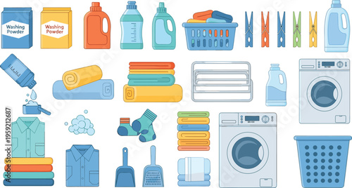 Laundry Essentials Vector Set with Detergents, Baskets, Washing Machines, and Household Items for Home Care and Cleaning Designs