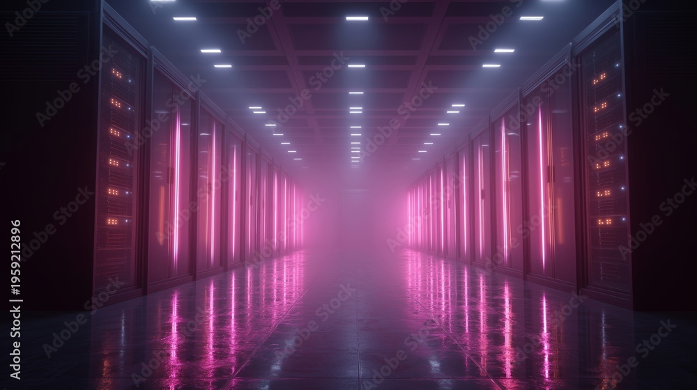 Fototapeta premium Glowing Server Corridor with Pink Neon Lighting