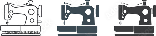 Professional sewing machine icon set featuring classic tailor equipment and stitching tools in minimalist line art and flat styles.