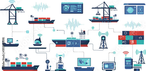 Smart shipping and maritime logistics system with connected cargo ships ports and digital network, technology flat vector illustration