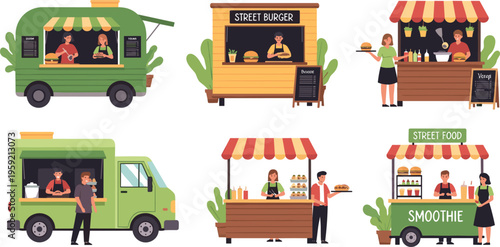 Street food vendors and food trucks collection with burger stands smoothie stalls and outdoor market scenes vector illustration set