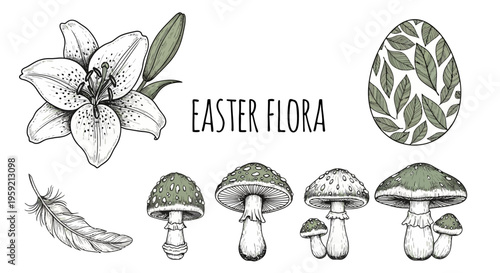 Easter-themed illustration featuring various flora and mushrooms in a stylized design