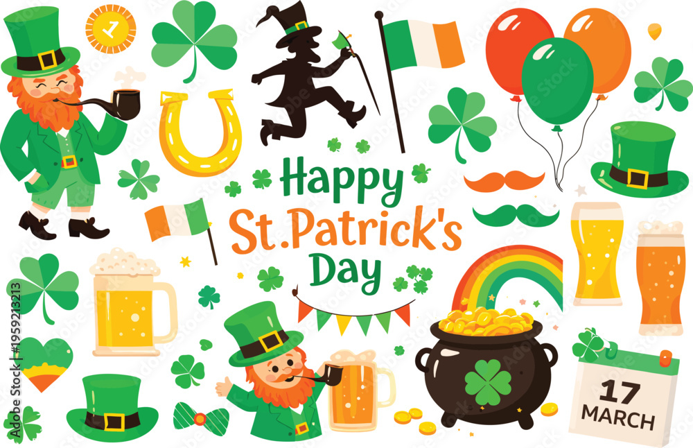 Fototapeta premium St patrick's day themed vector elements including leprechauns shamrocks and rainbows. 
