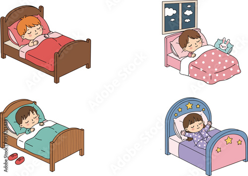 Cute Sleeping Children in Cozy Beds Vector Set for Nursery, Bedtime, and Bedroom Decor Designs