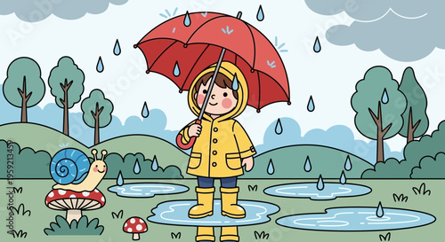 A cartoon illustration of a child in a yellow raincoat and boots holding a red umbrella on a rainy day with a snail nearby.