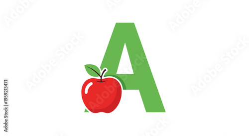 A colorful illustration of a large green letter A with a red apple beside it