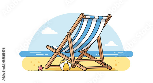A vector graphic illustration of a beach chair and ball on a sandy shore