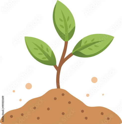 A young plant sprout emerging from brown soil with small dots