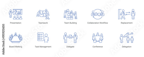 business teamwork presentation meeting delegation collaboration line icon set vector illustration
