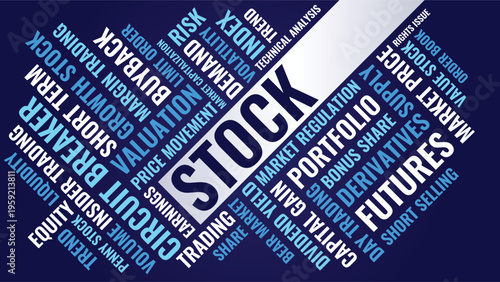 Stock Word Cloud Design for Poster, Wall Art, Investor Education Banner, Trading Classroom Decor. Stock diagonal finance typography