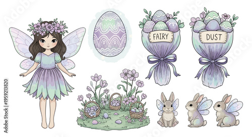 Enchanted springtime scene featuring a fairy, eggs, and woodland creatures in a whimsical setting