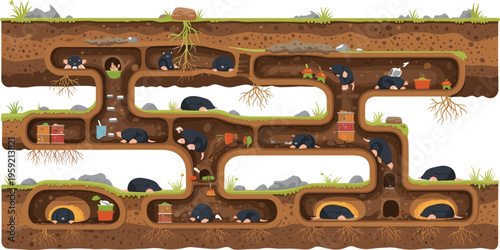 Underground mole tunnel system cross section with burrows chambers roots and small animals digging soil detailed cartoon vector illustration