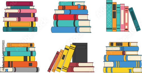 Colorful Stack of Books Vector Set for Education, Library, and Reading Designs with Hardcover and Textbooks