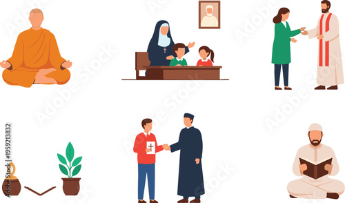 World religions set with spiritual practices prayer education and rituals, diverse faith culture flat vector illustration collection