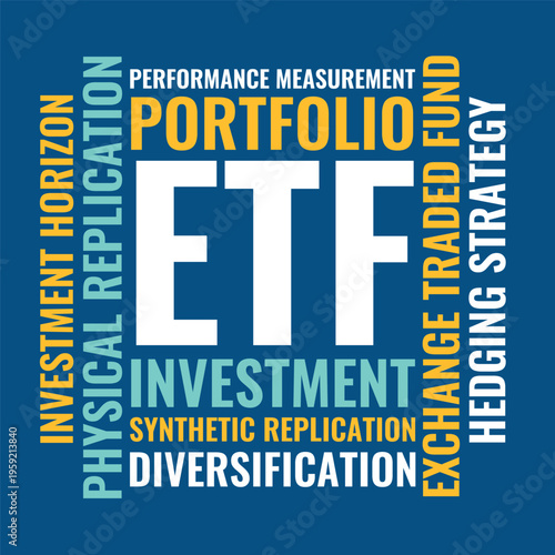 ETF Word Cloud Design for Poster, Wall Art, Finance Classroom Decor, Investor Education Poster. ETF modern square finance typography