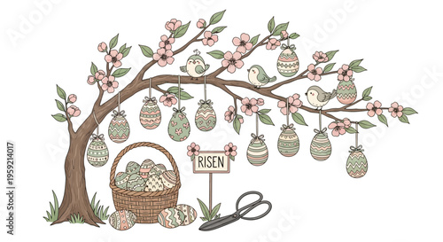 Whimsical tree adorned with hanging eggs and a basket of colorful eggs labeled for sale