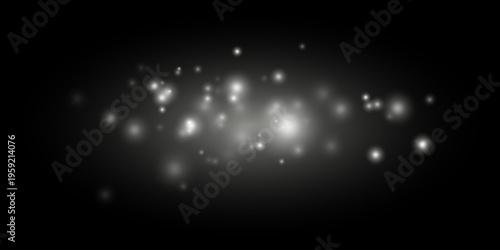 Glowing particles composition. Soft white light dots, blurred bokeh clusters, luminous haze, scattered sparkles, deep dark gradient backdrop, abstract night sky atmosphere, gentle glow texture