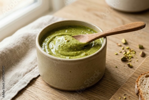 Creamy pistachio paste in a rustic bowl placed on a wooden table evokes gourmet culinary creation and healthy eating trends highlighting plant based nutrition and flavorful innovation