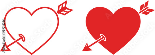 Two red hearts pierced by arrows on a white background