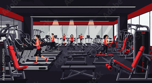 Modern gym interior with red and black exercise equipment and large windows fitness workout
