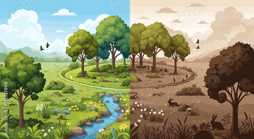 Deserted landscape versus lush green environment