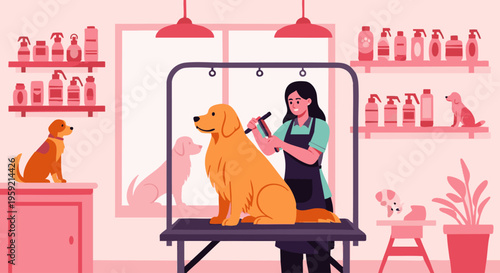 Woman grooming golden retriever in pink pet salon with shelves full of products pet grooming