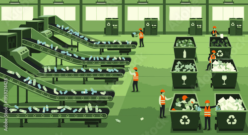 Green recycling plant with workers sorting on conveyor belts green interior sorting recycling bins