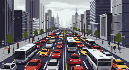 Busy city street with gridlocked traffic and tall buildings in daytime cars