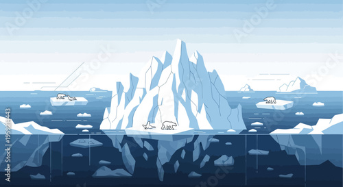 Iceberg with polar bears and sea creatures