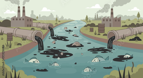 Pollution in waterway with dead fish and industrial waste