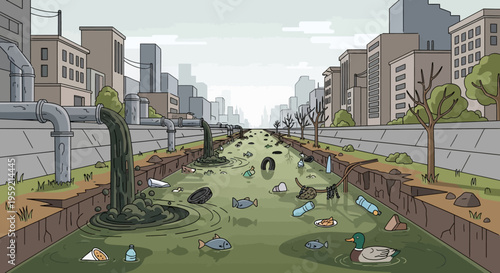 Polluted city canal with trash and waste