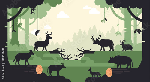 Forest animals silhouettes in natural habitat