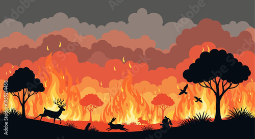 Wildfire landscape with fleeing animals and burning trees